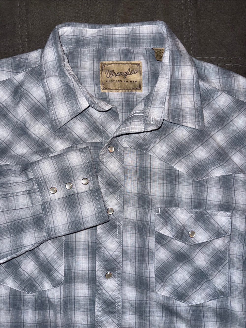 Wrangler Western Shirt Mens XL Grey White Plaid Pearl Snap Long Sleeve Cowboy
